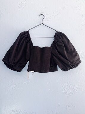 JASON WU Puff Sleeve Solid Black Smocked Cropped Top Size Large